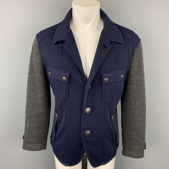 JUST CAVALLI Size L Navy & Grey Color Block Knit Jacket - Picture 1 of 4